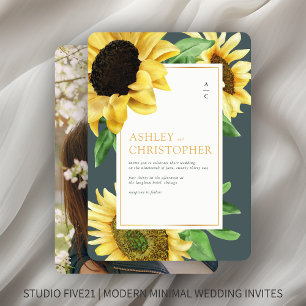 Elegant Rustic Sunflower Slate Grey Photo Wedding Invitation