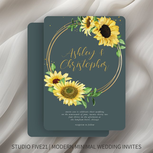 Elegant Rustic Sunflower Slate Grey Wedding Invitation (Creator Uploaded)