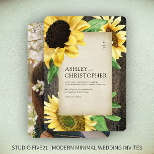 Elegant Rustic Sunflower Wood Photo Wedding Invitation