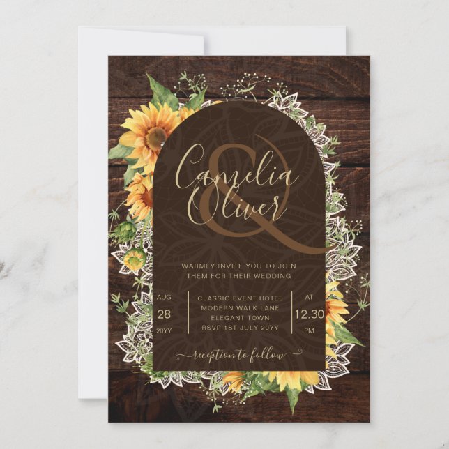 Elegant Rustic Sunflowers and Lace Wedding Invite (Front)