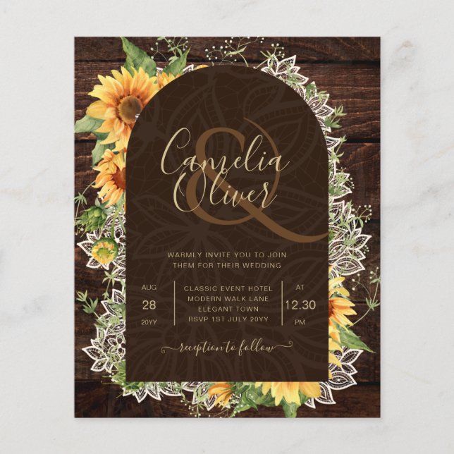 Elegant Rustic Sunflowers and Lace Wedding Invite Flyer (Front)