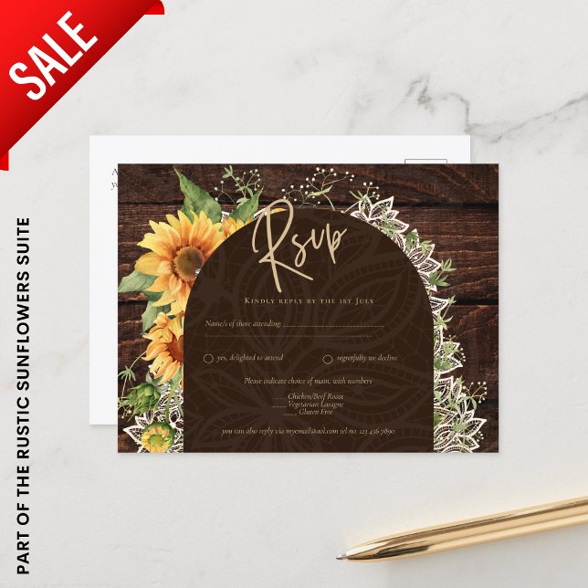 Elegant Rustic Sunflowers and Lace Wedding RSVP Postcard (Creator Uploaded)