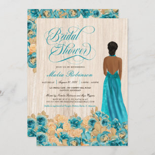 Elegant Rustic Teal Blue Rose & Gown Bridal Shower Invitation