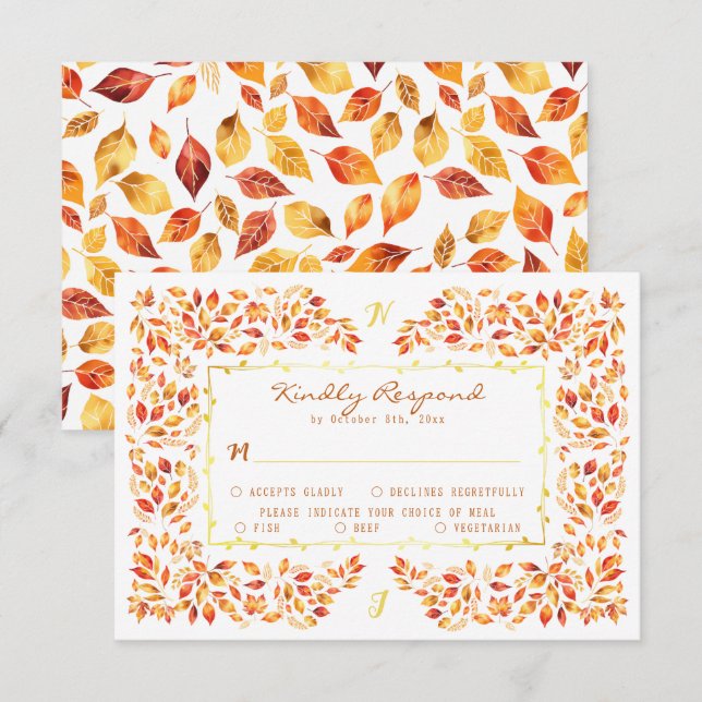 Elegant Rustic Terracotta Fall Leaves Wedding RSVP Card (Front/Back)