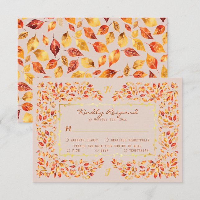 Elegant Rustic Terracotta Fall Leaves Wedding RSVP Card (Front/Back)