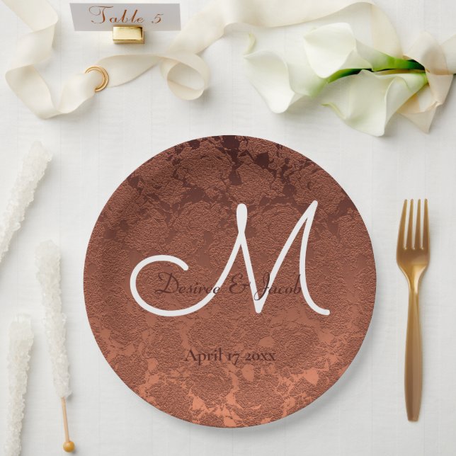 Elegant Rustic Terracotta Fall Wedding Monogram Paper Plate (Wedding)