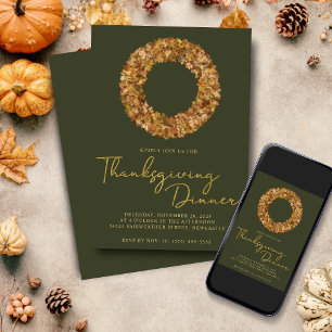 Elegant Rustic Thanksgiving Autumn Wreath on Green Invitation