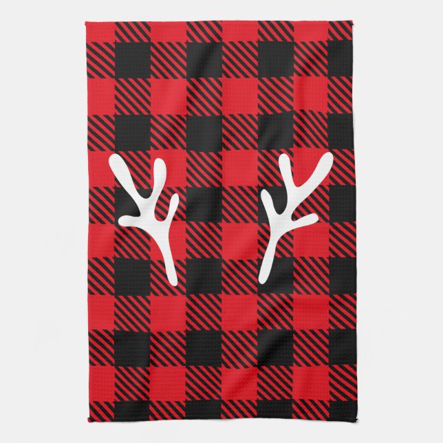 Elegant rustic trendy buffalo plaid red with deer  tea towel (Vertical)