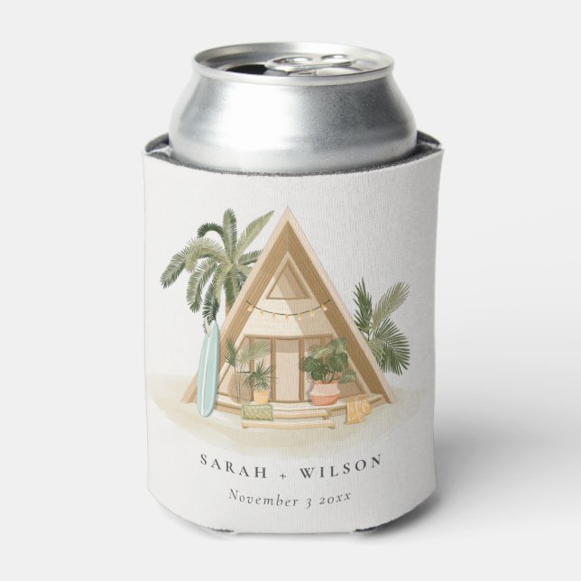 Elegant Rustic Tropical Palm Beach Shack Wedding Can Cooler (Can Front)