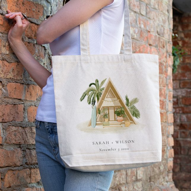 Elegant Rustic Tropical Palm Beach Shack Wedding Tote Bag (Creator Uploaded)