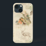 Elegant Rustic Vintage Christmas Woodland Collage iPhone 13 Mini Case<br><div class="desc">Lovely rustic vintage winter woodland ephemera collage featuring engraved stag,  pine,  text,  script,  postcard graphics and sweet nesting robins on aged distressed sepia parchment background.</div>