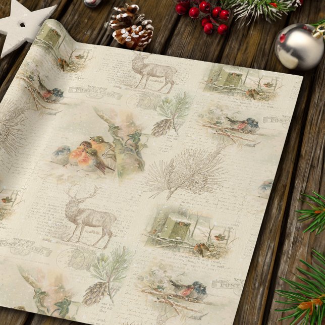 Elegant Rustic Vintage Christmas Woodland Collage Wrapping Paper (Creator Uploaded)