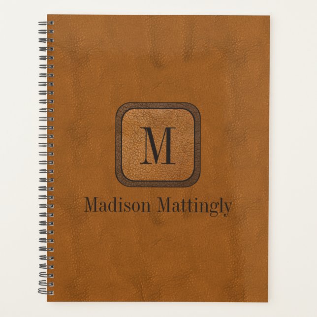 Elegant Rustic Vintage Leather Chic Monogram Name Planner (Front)