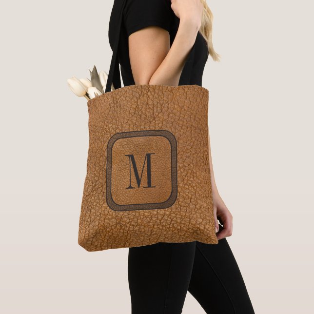 Elegant Rustic Vintage Leather Unisex Monogram Tote Bag (Close Up)