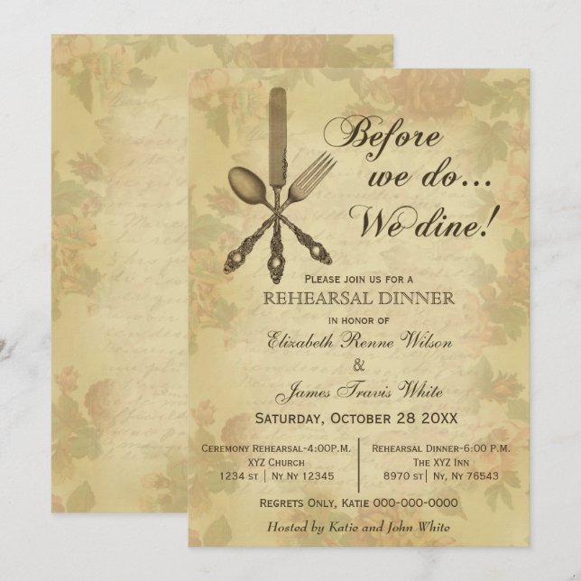 Elegant Rustic Vintage rehearsal dinner invites (Front/Back)