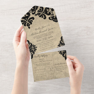 Elegant Rustic Vintage Victorian Floral Damask All In One Invitation
