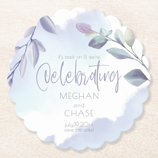 Elegant Rustic Watercolor Aqua Lilac Leaves Paper Coaster (Front)