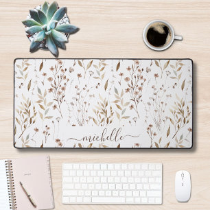 Elegant Rustic Watercolor Brown Flowers Leaves Desk Mat