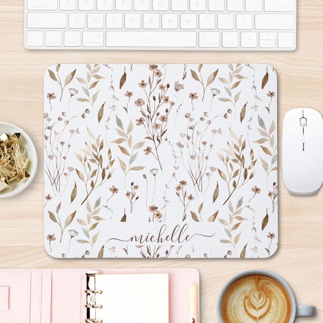 Elegant Rustic Watercolor Brown Flowers Leaves Mouse Mat (In situ)