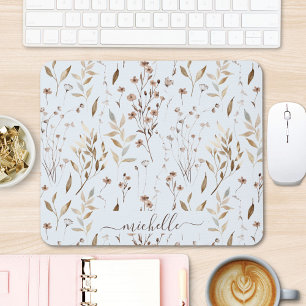 Elegant Rustic Watercolor Brown Flowers Leaves Mouse Mat
