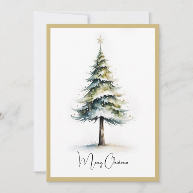 Elegant Rustic Watercolor Christmas Tree Holiday Card (Front)