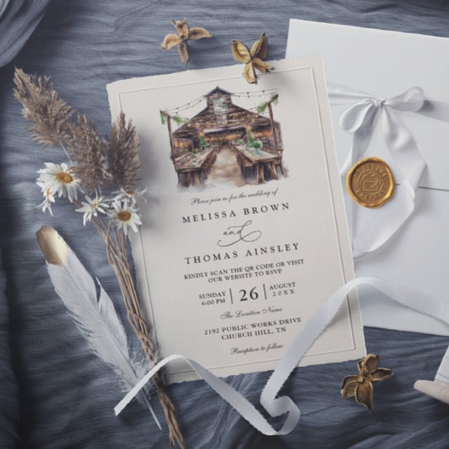 Elegant Rustic Watercolor Country QR Code Wedding  Invitation (Creator Uploaded)