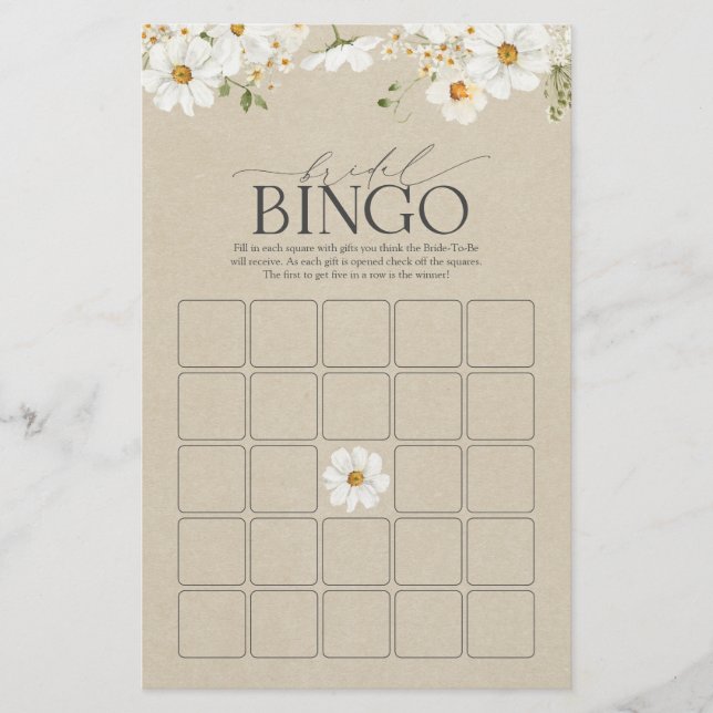 Elegant Rustic Watercolor Daisy Bridal Bingo Game (Front)