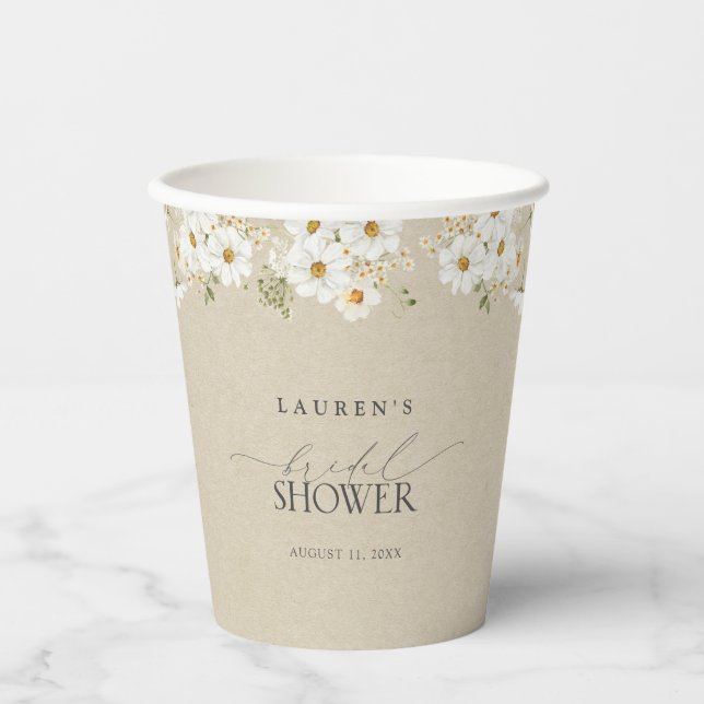 Elegant Rustic Watercolor Daisy Bridal Shower Paper Cups (Front)