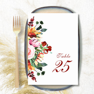Elegant Rustic Watercolor Floral Sunflower Wedding Table Number