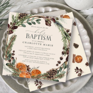 Elegant Rustic Watercolor Greenery Holy Baptism Invitation