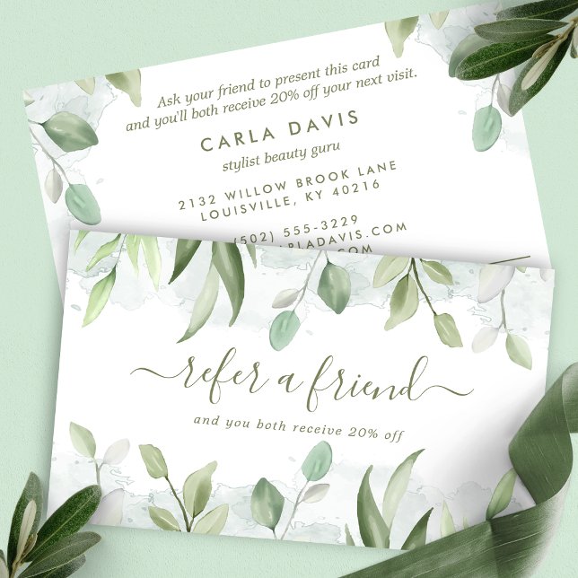 Elegant Rustic Watercolor Greenery Leaves Referral Card (Creator Uploaded)
