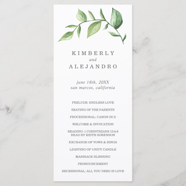 Elegant Rustic Watercolor Greenery Wedding Programme (Front)