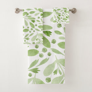 Elegant Rustic Watercolor Leaves Sage Green &White Bath Towel Set