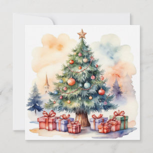 Elegant Rustic Watercolor Merry Christmas Tree Holiday Card