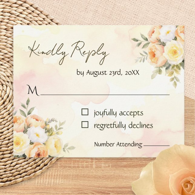 Elegant Rustic Watercolor Pretty Floral Wedding RSVP Card (A stylish RSVP card for wedding replies, with peach, yellow and white watercolor-style roses)