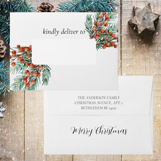 Elegant Rustic Watercolor Red Berries Christmas Envelope (Elegant Rustic Botanical Watercolor Green Holy Red Berries Christmas Holiday Envelope)