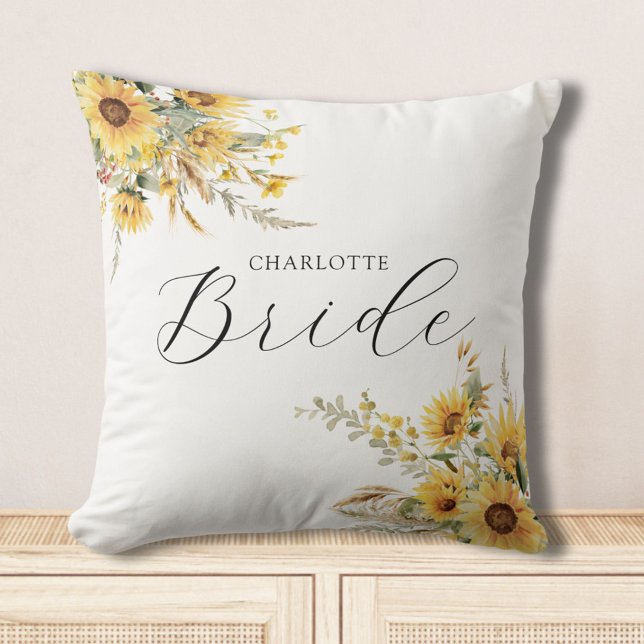Elegant Rustic Watercolor Sunflower Floral Bride Cushion (In situ)