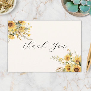 Elegant Rustic Watercolor Sunflower Floral Flat Thank You Card