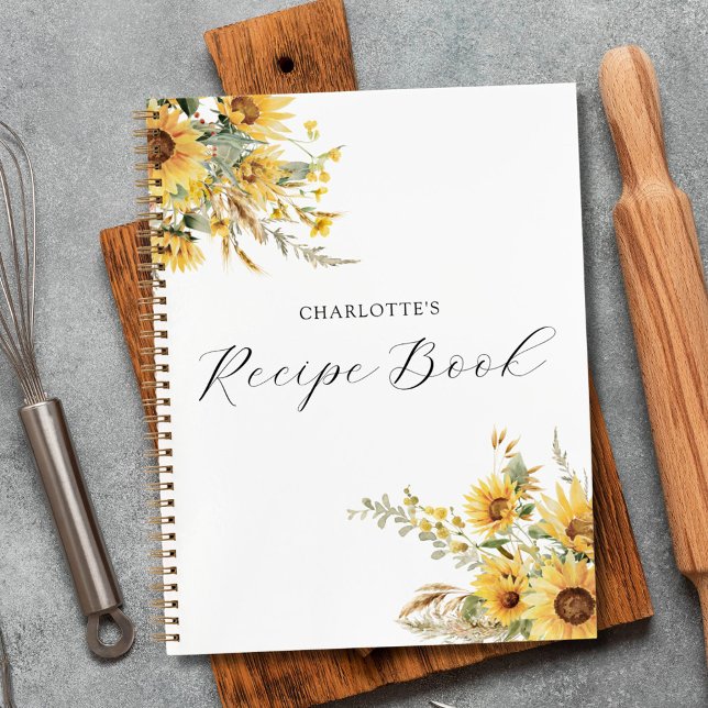 Elegant Rustic Watercolor Sunflower Floral Recipe  Notebook (In situ)