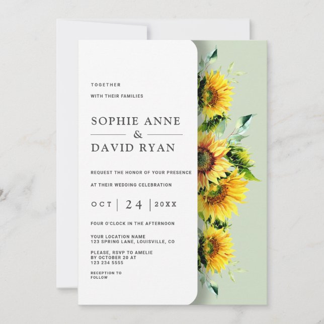 Elegant Rustic Watercolor Sunflowers Wedding Invitation (Front)