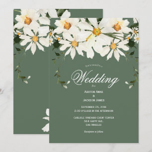 Elegant Rustic White Daisies Modern Green Wedding  Invitation