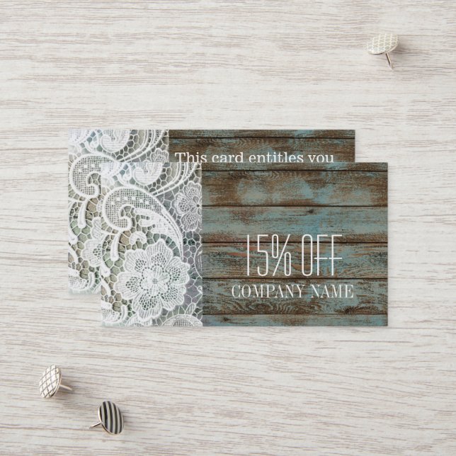elegant rustic white lace blue barn wood discount card (Front/Back In Situ)