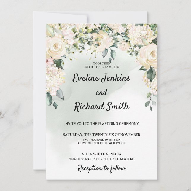 Elegant rustic white roses floral greenery wedding invitation (Front)
