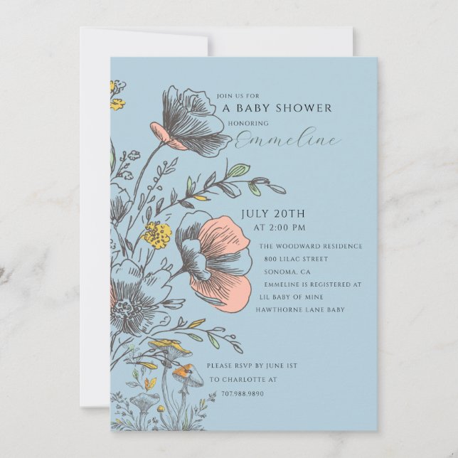 Elegant Rustic Wildflower Blue Baby Shower  Invitation (Front)