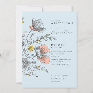 Elegant Rustic Wildflower Pastel Blue Baby Shower Invitation
