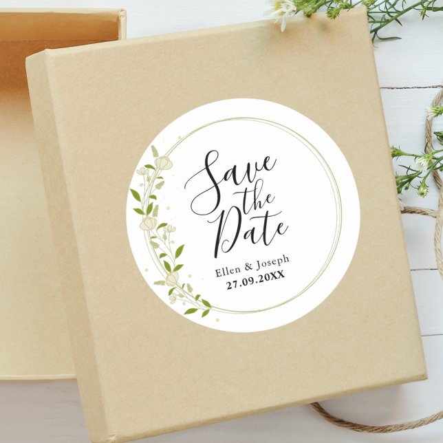 Elegant Rustic Wildflower Wedding Save The Date Classic Round Sticker (Wildflower wedding sticker creates a warm romantic touch for special announcements.)