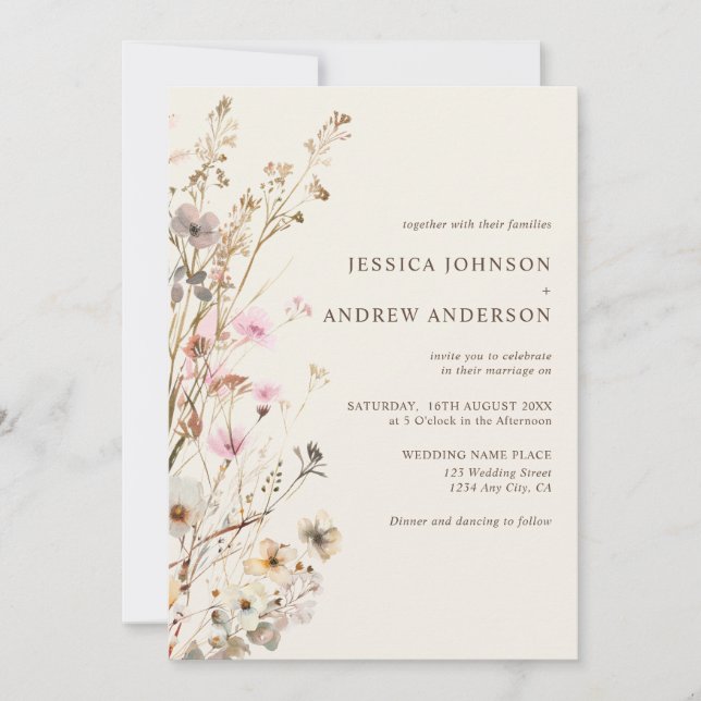 Elegant Rustic Wildflowers Beige Floral Wedding Invitation (Front)