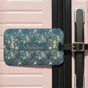 Elegant Rustic Wildflowers On Teal Wood Monogram Luggage Tag