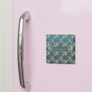 Elegant Rustic Wildflowers On Teal Wood Monogram Magnet