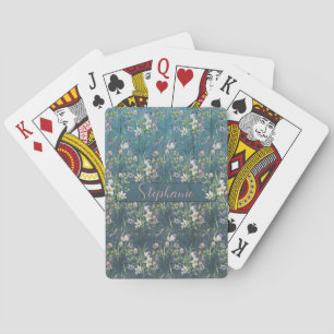 Elegant Rustic Wildflowers On Teal Wood Monogram Playing Cards